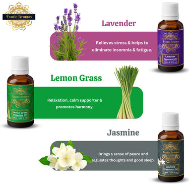 Exotic Aromas Essential Oil Lavender, Rose, Tea Tree, Jasmine, Ylang Ylang, Orange, Lemongrass, Peppermint, Rosemary, Pure & Natural (Pack of 9)